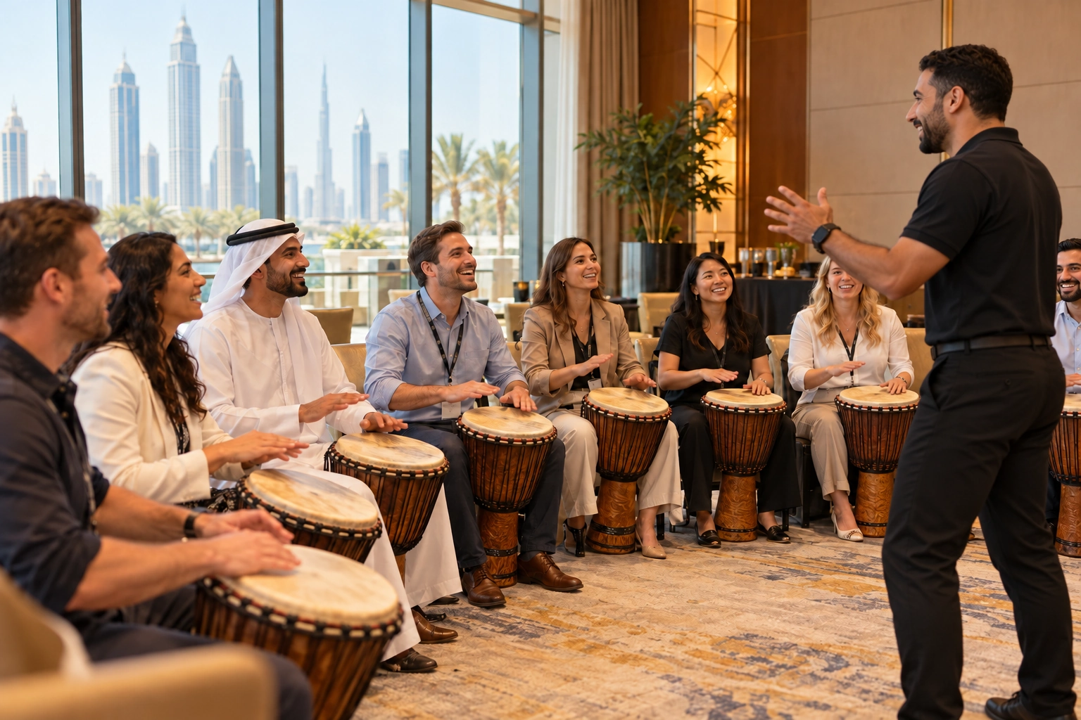 A group sharing a corporate drumming experience