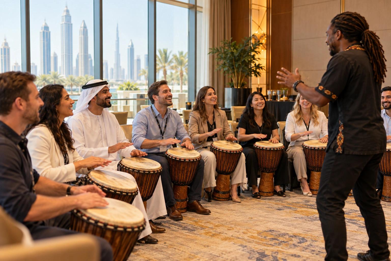 A group sharing a corporate drumming experience