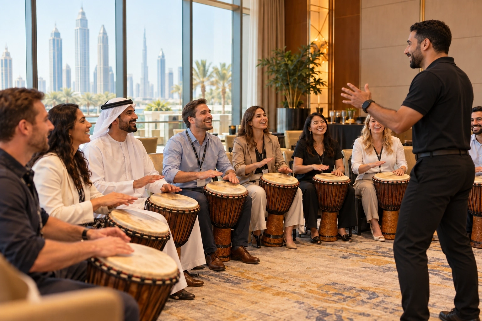 Corporate team taking part in a guided drumming experience — illustrative scene